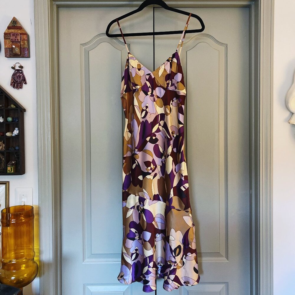 Express 100% Silk Floral Slip Dress Purple Brown Satin Midi Y2K 7/8